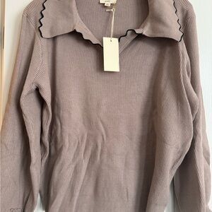 Elegant Tan Sweater with Scalloped Collar